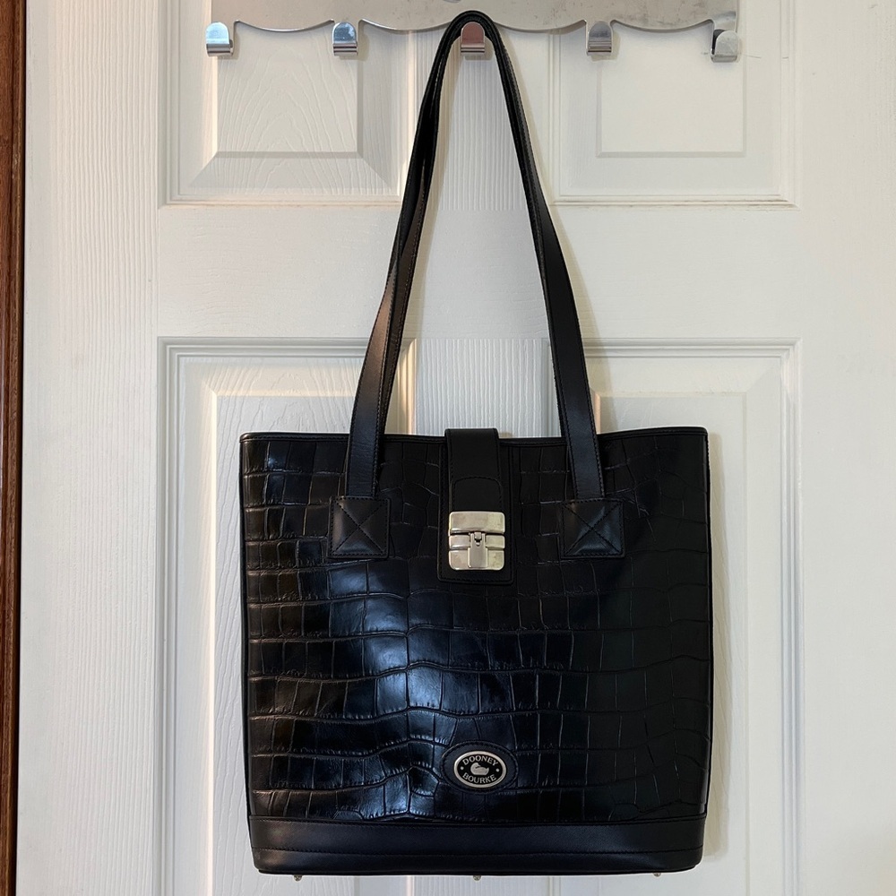 DOONEY & BOURKE Black Croc Print Leather & Silver Trim Medium Tote Bag Purse